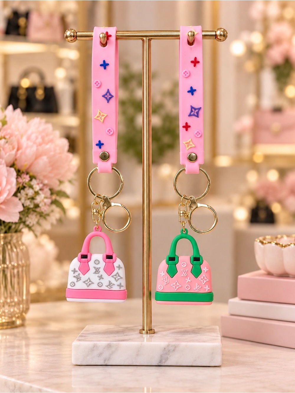 Set of 2 Pink Wristlet Mini Purse Silicone Charm Keychains LV Letters